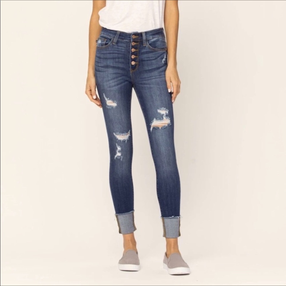 Judy Blue Button-Fly Distressed Cuff Jeans